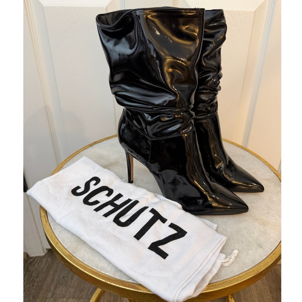 Schutz Ashlee Black Patent Slouchy Stiletto Pointed Toe Booties Women 6 NEW